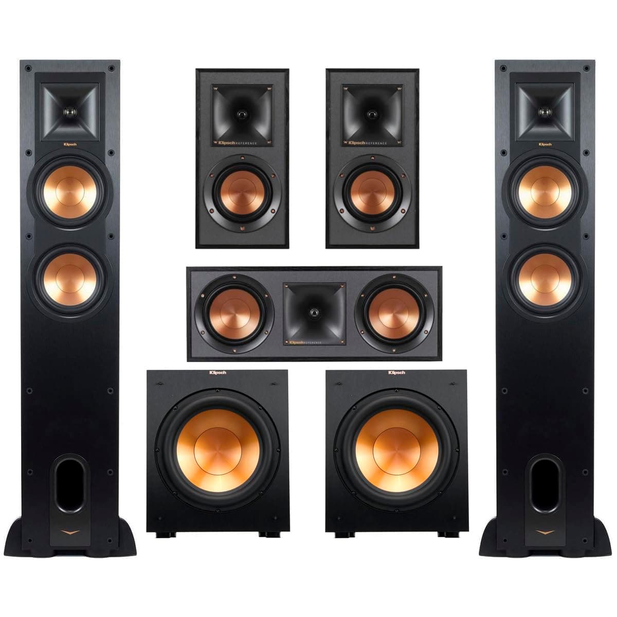 Reference 5.2 Home Theater Pack with (2) R-26FA Floorstanding Speaker, (2) R-12SW Subwoofer, R-25C Center Channel Speaker and 2, R-41M Bookshelf Speaker, 2X R-12SW Subwoofers, Black