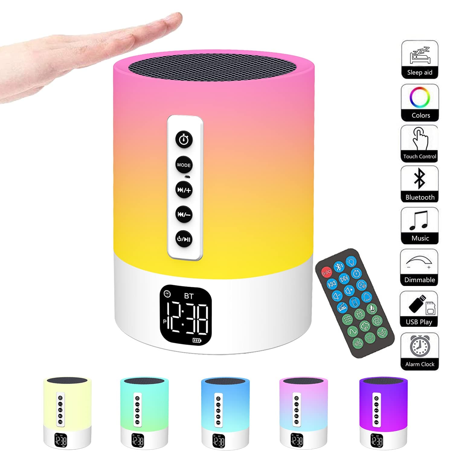 Night Light Bluetooth Speaker, Bedside Lamp with Alarm Clock for Kids, White Noise Machine, Touch Color Changing Bedroom Lamp, Gifts for Teenage Girls Boys Kids Birthday Presents Women Teens