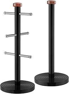 Tower T826002RB Linear Kitchen Roll Holder and Mug Tree with Weighted Base, Stainless Steel, Black and Rose Gold, 15 x 15 x 36.5 cm