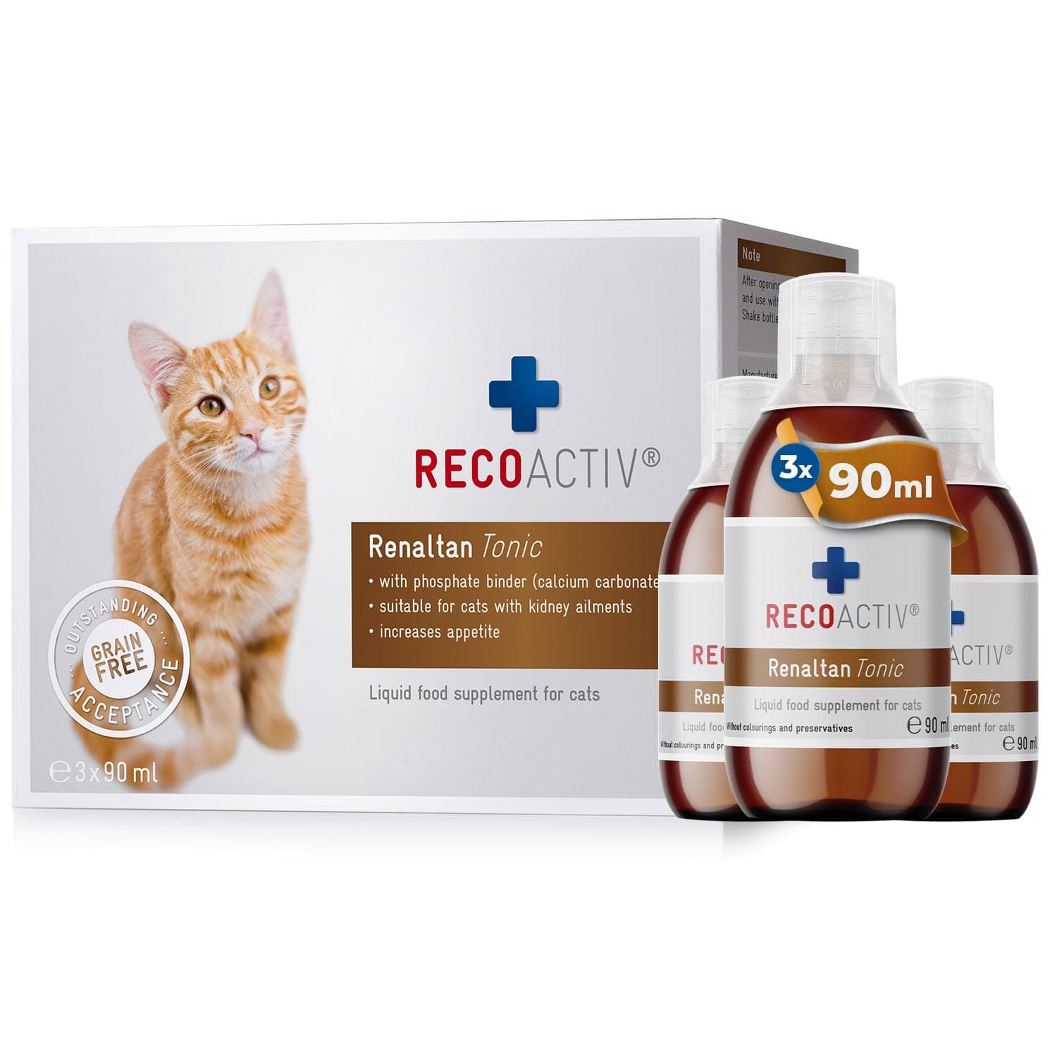 – RECOACTIV Renaltan Tonic for cats, 3 x 90 ml, dietary supplement with phosphate binder to reduce the phosphate content of food for animals with renal insufficiency or CRI