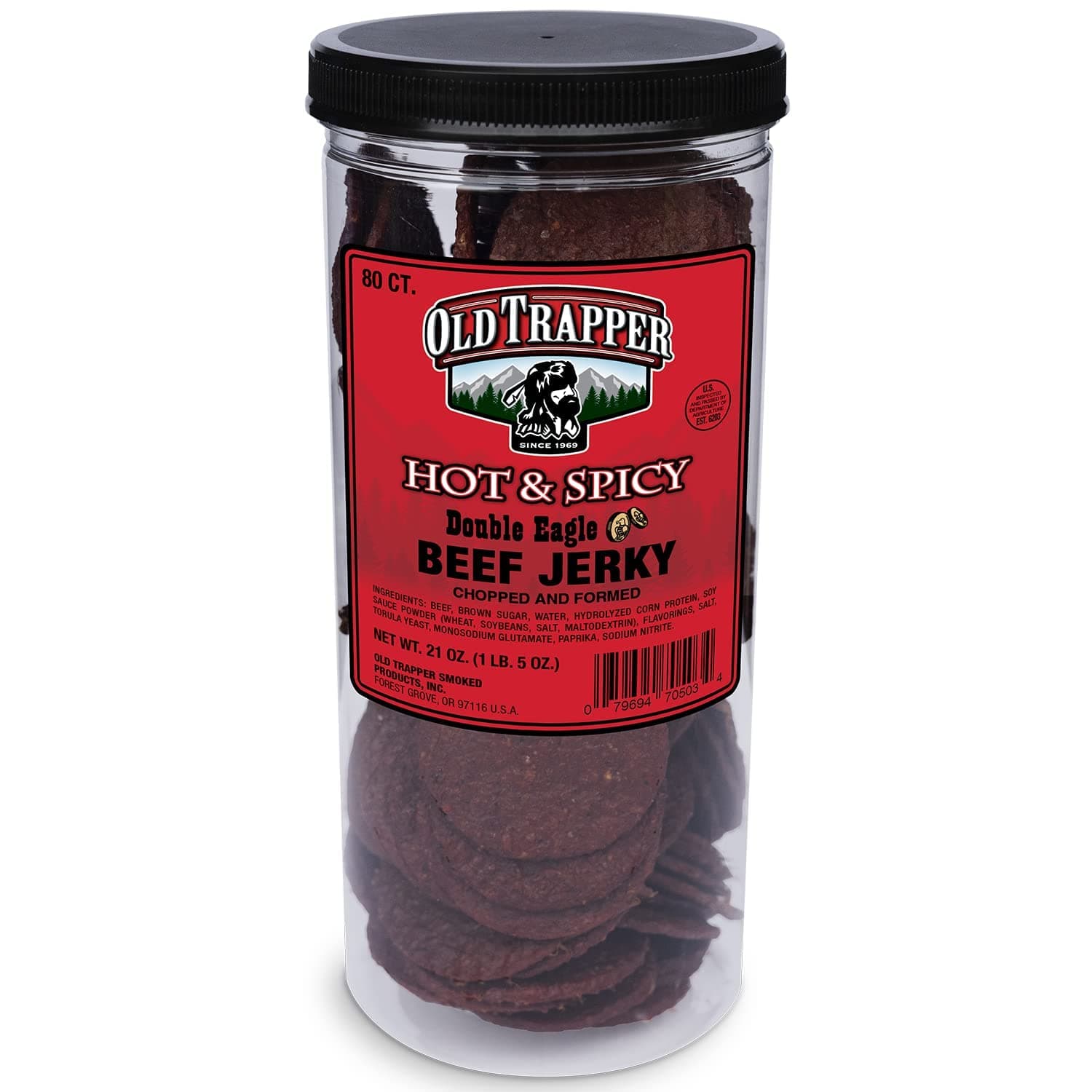 Old TrapperHot & Spicy Double Eagle Beef Jerky | Traditional Style Real Wood Smoked | 1 Jar (80Piece), 80Count