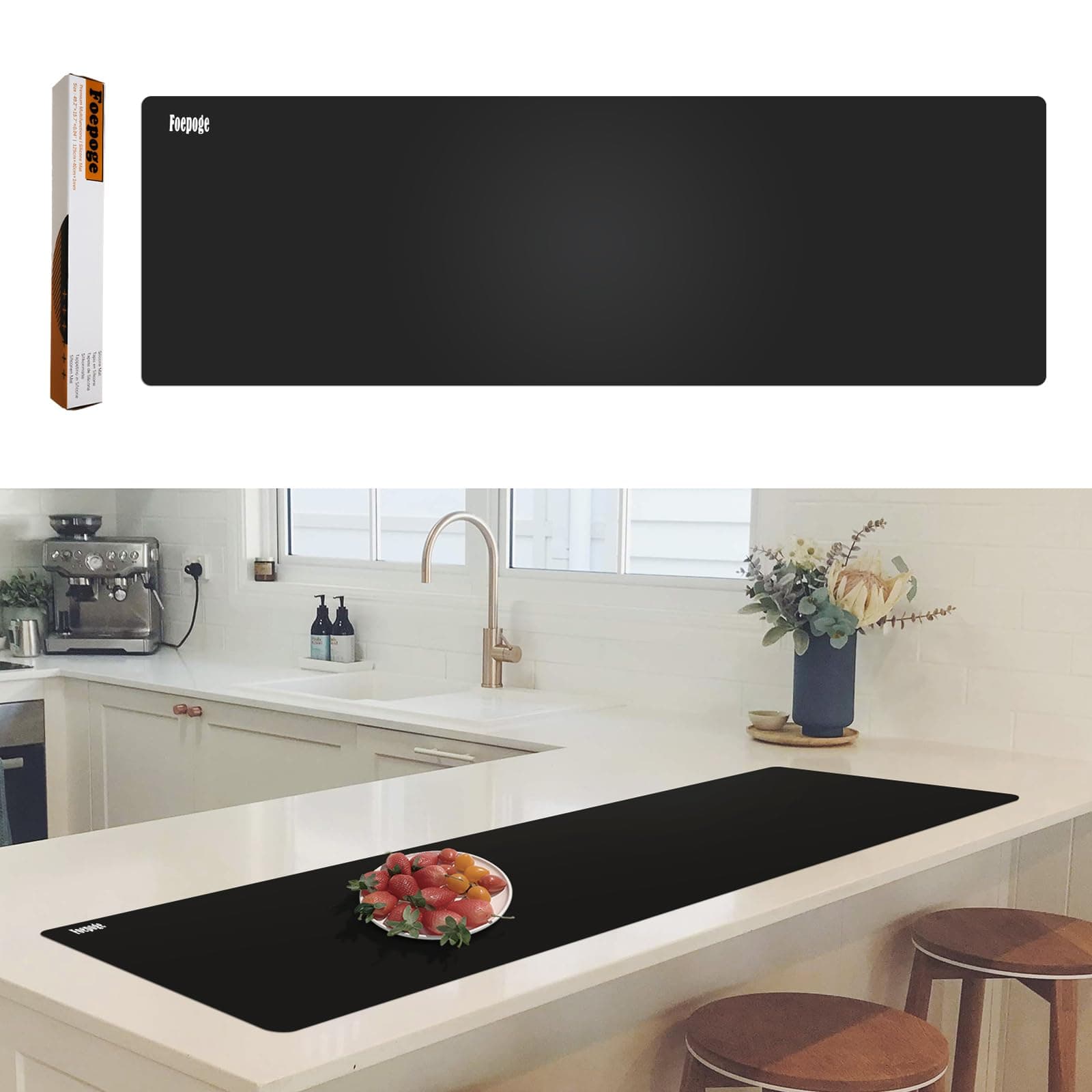 49.2" x 15.7" Large Silicone Mat for Kitchen Counter Protector, Cuttable Silicon Countertop Protector Mat Heat Resistant Mats for Countertop, Cut to Fit Placemat Ship Roll by Foepoge, Black