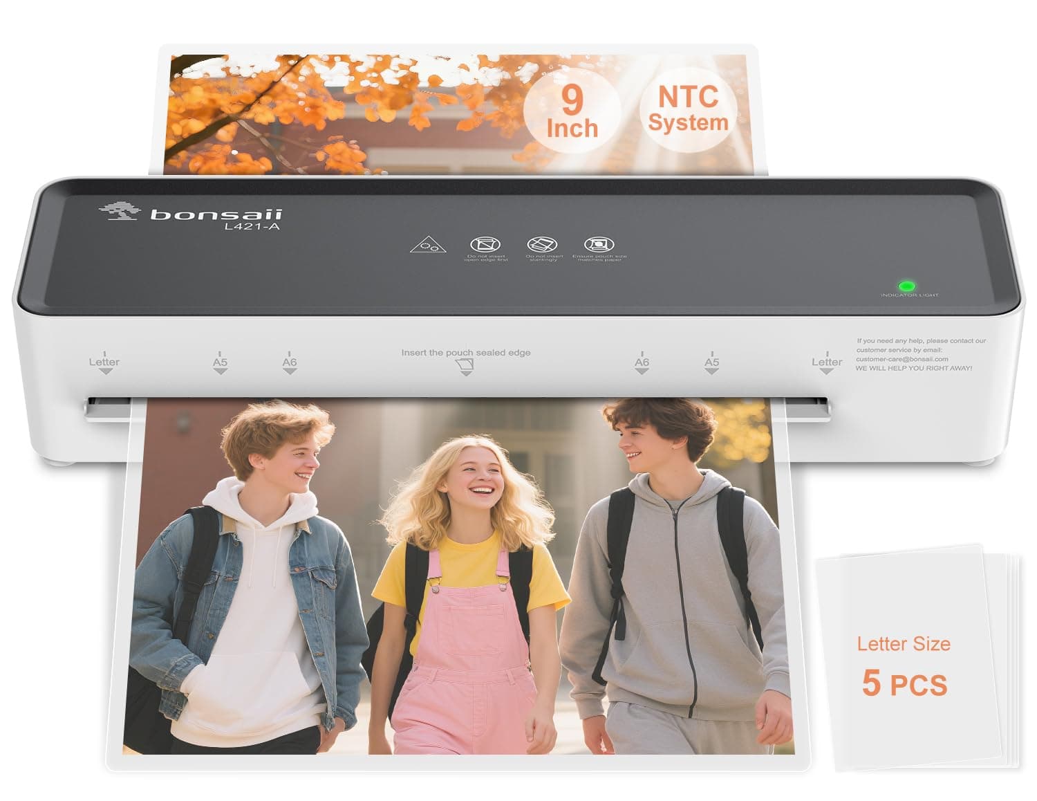 Bonsaii Laminator Machine with 5 Laminating Sheets, 9 Inch Thermal Laminating Machine for Doc/Posters/Photos, Compact Laminator for Home Office School, L421-Grey