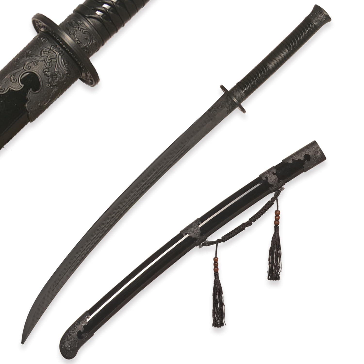Plastic Sword Martial Arts Polypropylene Sword Training Katana Practice, Black Chinese Tang Dynasty Style Dragon Pattern Decorated Sword with Scabbard and Tassel