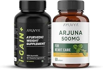 Ayuvya i-Gain+ & Arjuna Combo | i-Gain+ for Healthy Weight Gain for Men & Women | Arjuna Capsules for Heart Health Support