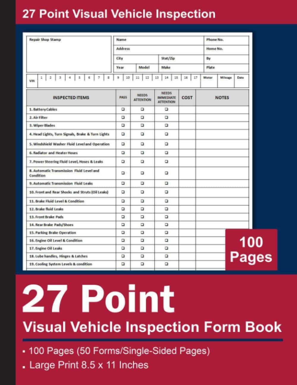 27 Point Visual Vehicle Inspection Form Book: Multi-Point Vehicle Inspection Checklist, 27 Point Vehicle Inspection Sheet, 100 Pages, Large Print 8.5 x 11 inches
