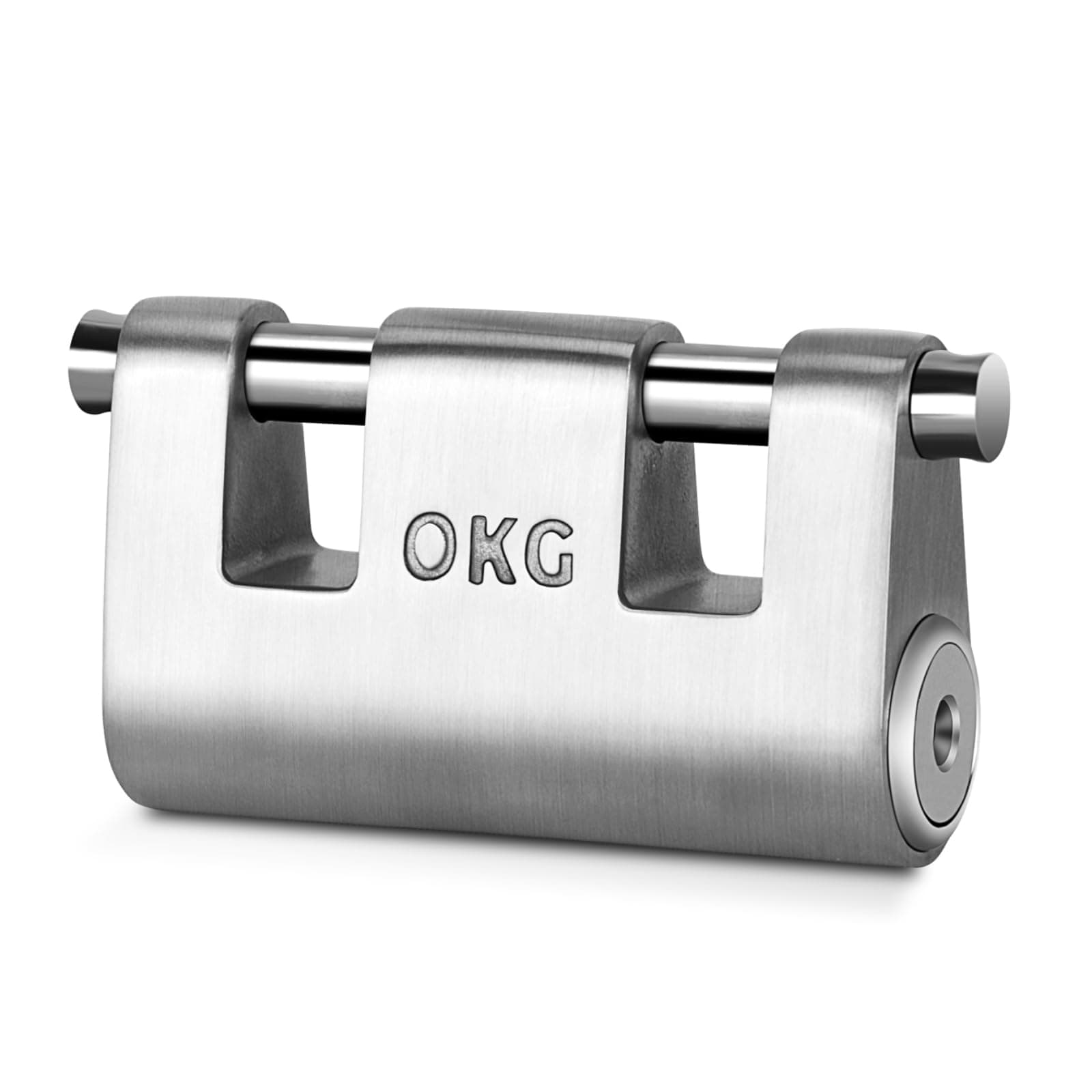 OKG Ultra Secure Stainless Steel Lock - Heavy Duty Solid Cast Padlock - 3 Keys, 2 Rods, 7/16" Shackle, Push Cylinder, Rust Proof Outdoor Lock - Combo Security Chain for 2-Wheeled Vehicle (No Chain)