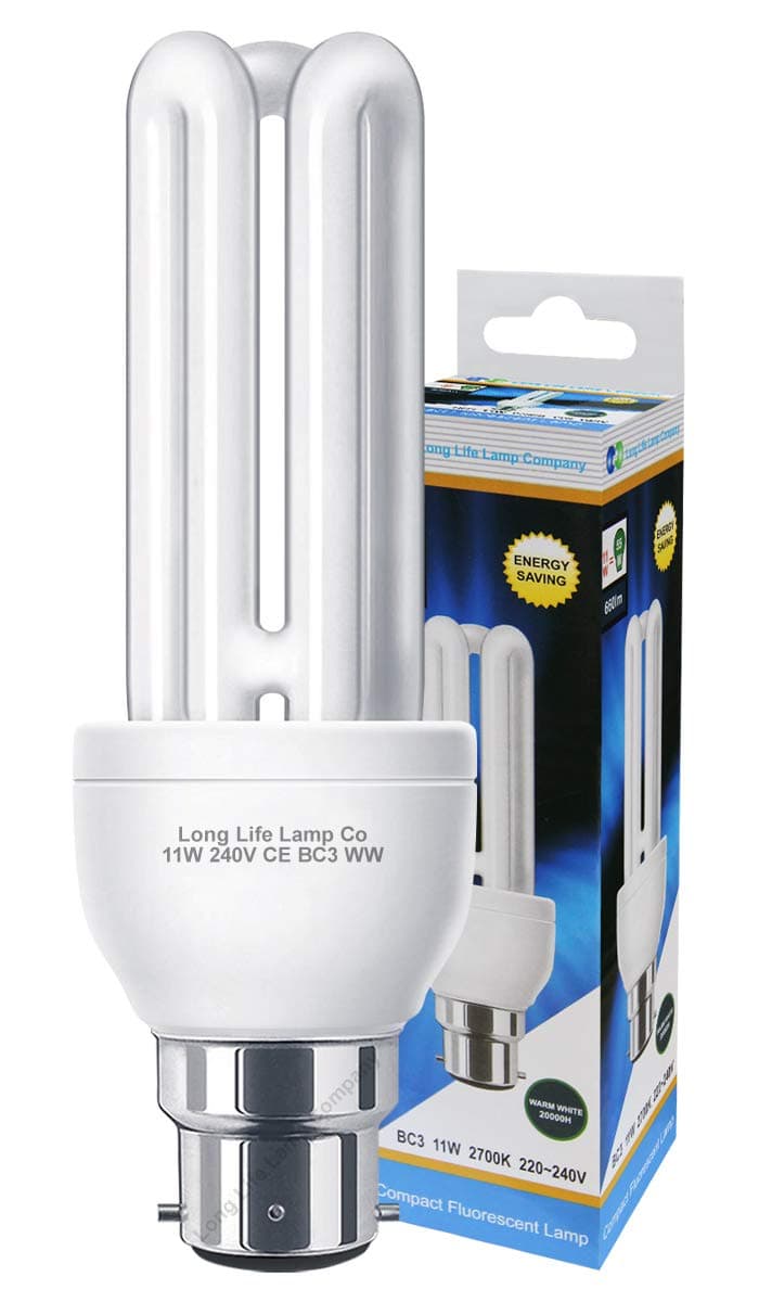 3 Pin BC3 Light Bulb CFL 11w Equivalent 55w Warm White 2700k Energy Saving Compact Fluorescent 240v [Energy Class A]