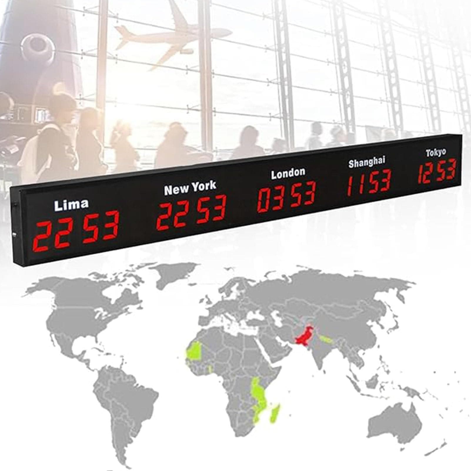 Wall Mounted World Clock, 3/4/5 City Time Zone LED Digital World Time Wall Clock Indoor Multi Time Zone World Wall Clock for Multinational Enterprises/Office/Home/Living Room/School,Red-5City