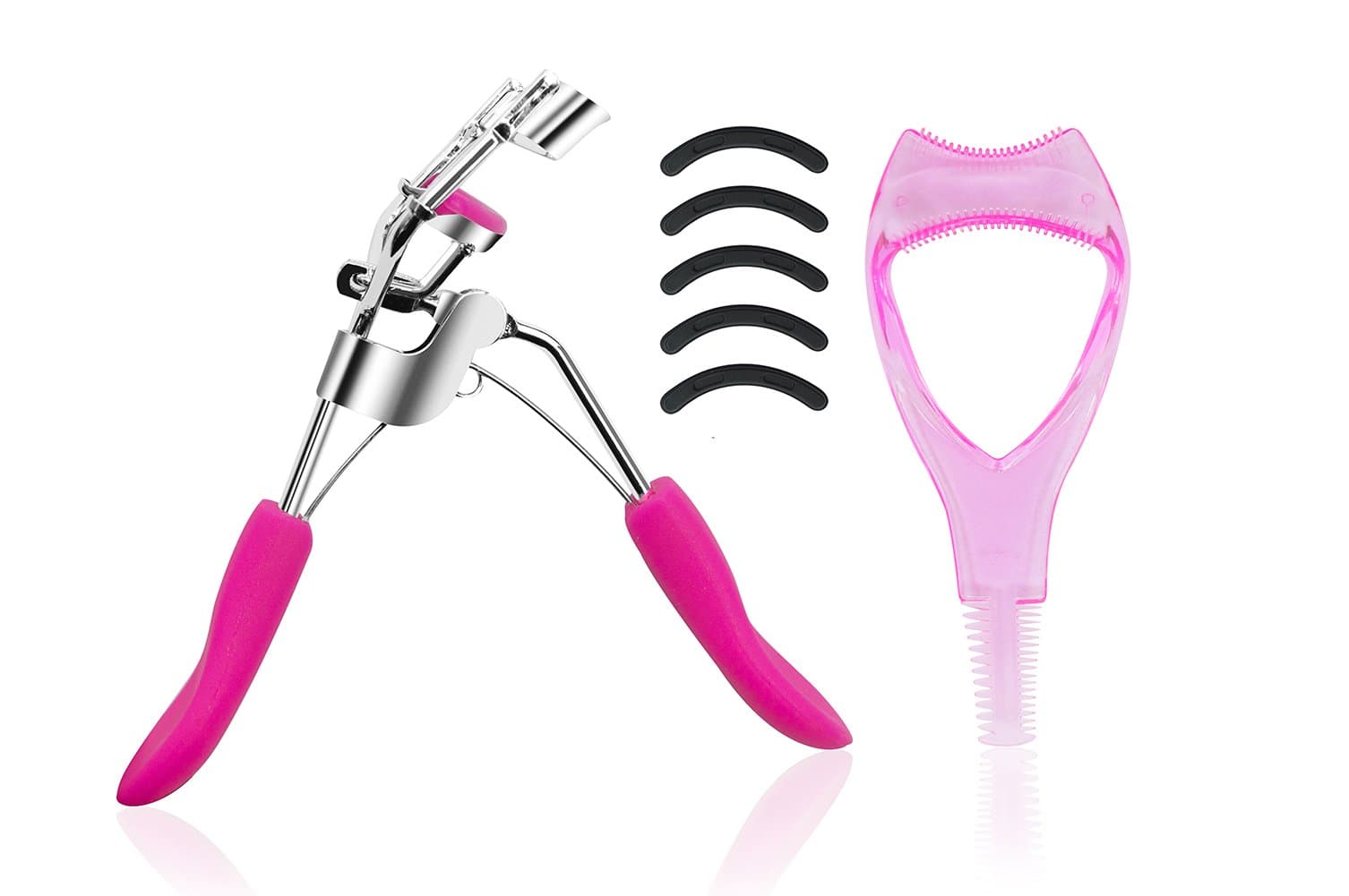 Professional Eyelash Curler - Soft Silicone Pad & Handle with 5 Replacement Refill Pad & Mascara Guard - Lash Curling Tool - Long Lasting - Easy to Use (Hot pink)