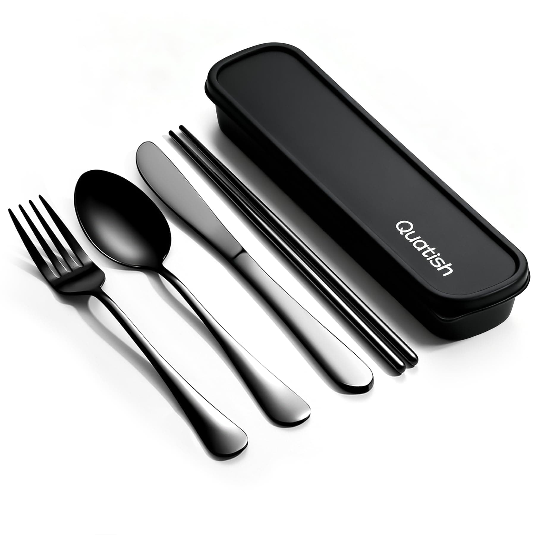 Quatish Travel Utensils with Case, Portable Silverware Set for Work, Stainless Steel Reusable Travel Cutlery Set, Fork and Spoon Set for Picnic, Camping, Gadgets, Lunch Box for Men, Black