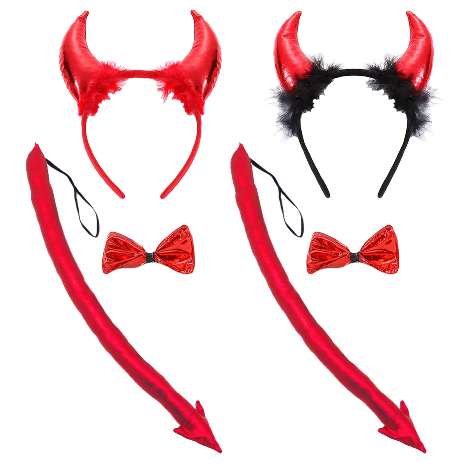 6 Pcs Halloween Devil Horns Headband Bow Tie Tail Red Devils Ears Hair Hoops Bands Bowtie Animal Cow Headpiece Hairband Women Christmas Holiday Festival Dress Up Cosplay Birthday Party Accessories