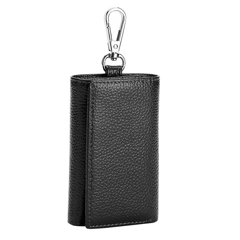 Unisex Compact Leather Key Case Wallet Keychain Key Holder Ring with 6 Hanging Buckle Hooks Snap Closure, Black