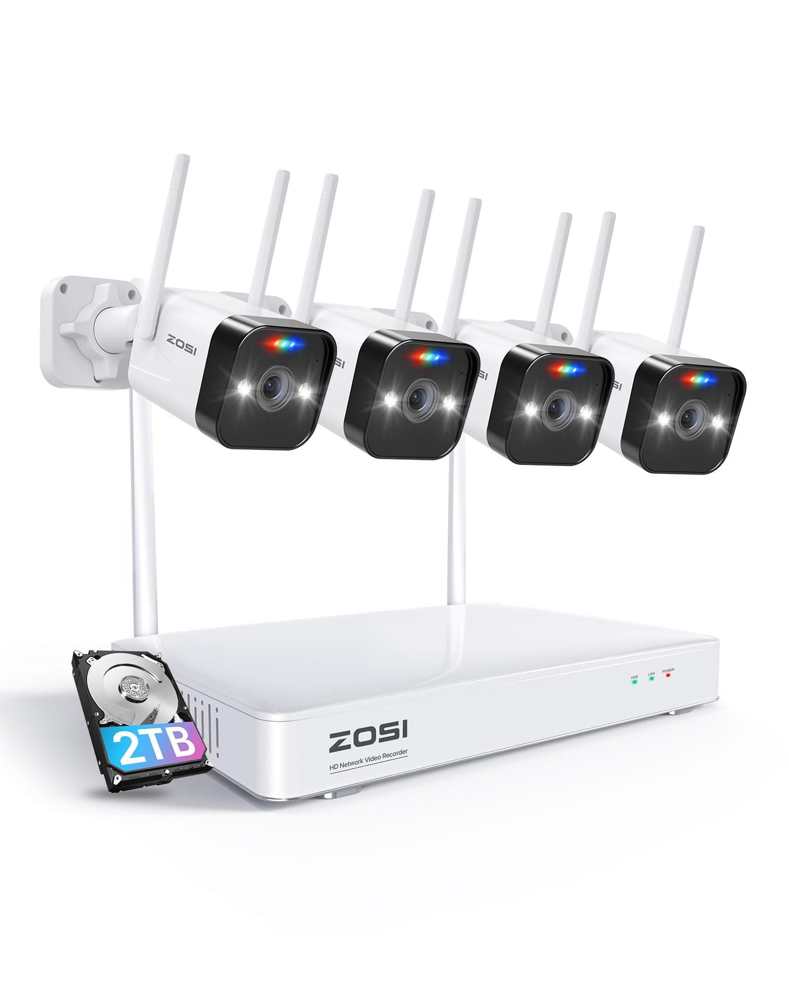 ZOSI 2K Wireless Security Camera System with 2TB HDD,4PCS 3MP Outdoor Indoor Home Surveillance Spotlight WiFi Cameras,Color Night Vision,2 Way Audio,Light & Sound Siren,8CH 3MP NVR for 24/7 Recording