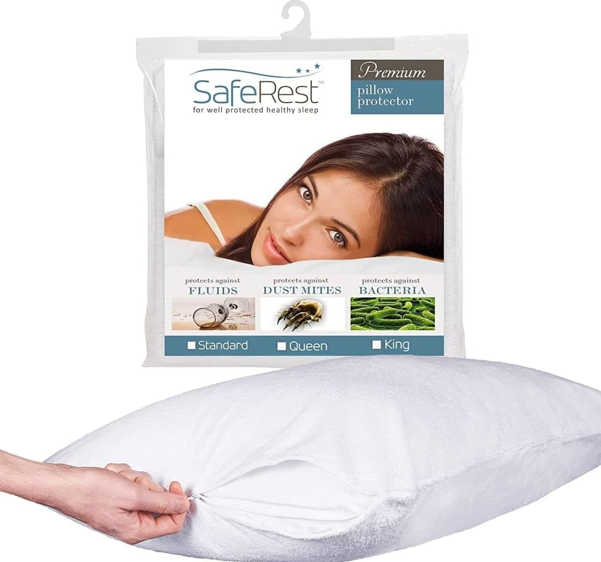 Saferest Premium Hypoallergenic Bed Bug Proof Zippered Waterproof Pillow Protector White Queen
