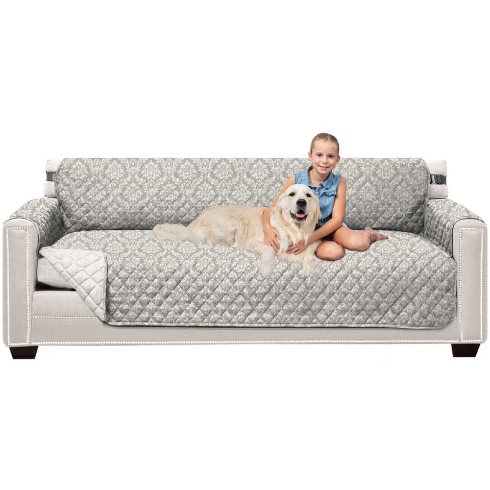 Sofa Shield Patented Couch Slip Cover, Large Cushion Protector, Reversible Stain and Dog Tear Resistant Slipcover, Quilted Microfiber 78” Seat, Washable Covers for Dogs Pets Kids, Damask Latte Ivory