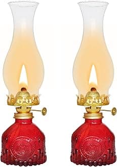 Glass Oil Lamp 2Pack, Oil Lamps for Indoor Use - 11"x3" Red Antique Kerosene Lamp, Outdoor Oil Lamp, Beautifully Carved Vintage Oil Lamp for Home Decor, Tabletop, Emergency Lighting & Props