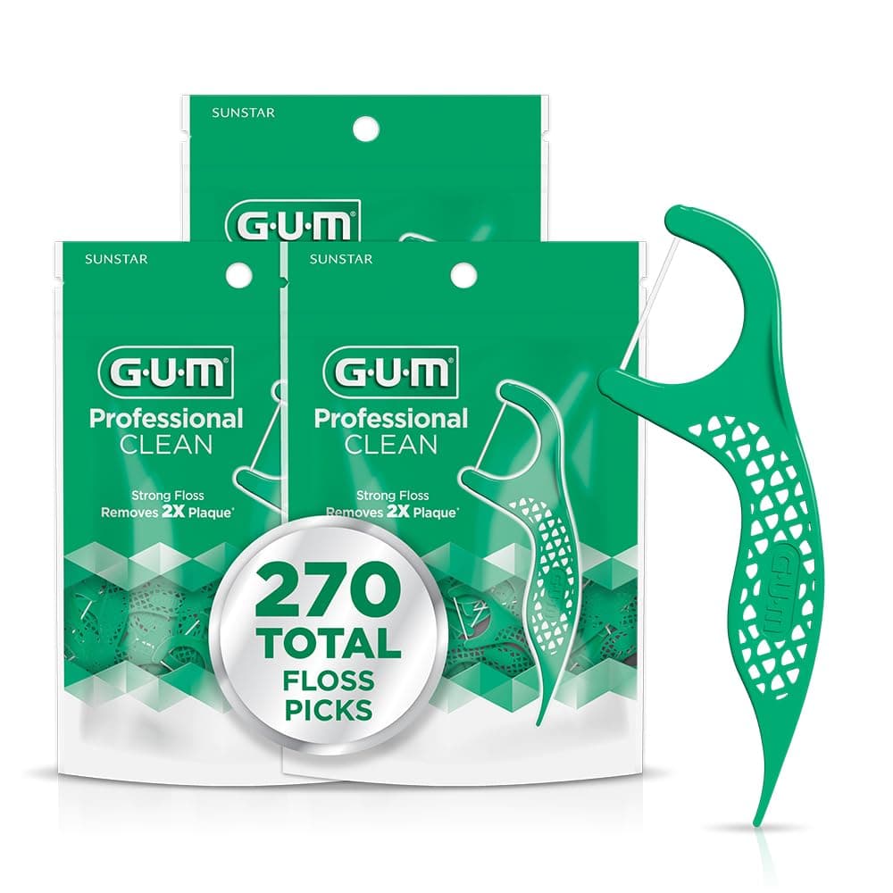 GUM Professional Clean Floss Picks - Extra Strong Shred-Resistant Floss, Easy Grip Handle - Dental Flossers for Adults - Fresh Mint Flavor, 90 Count (Pack of 3) 270 Total