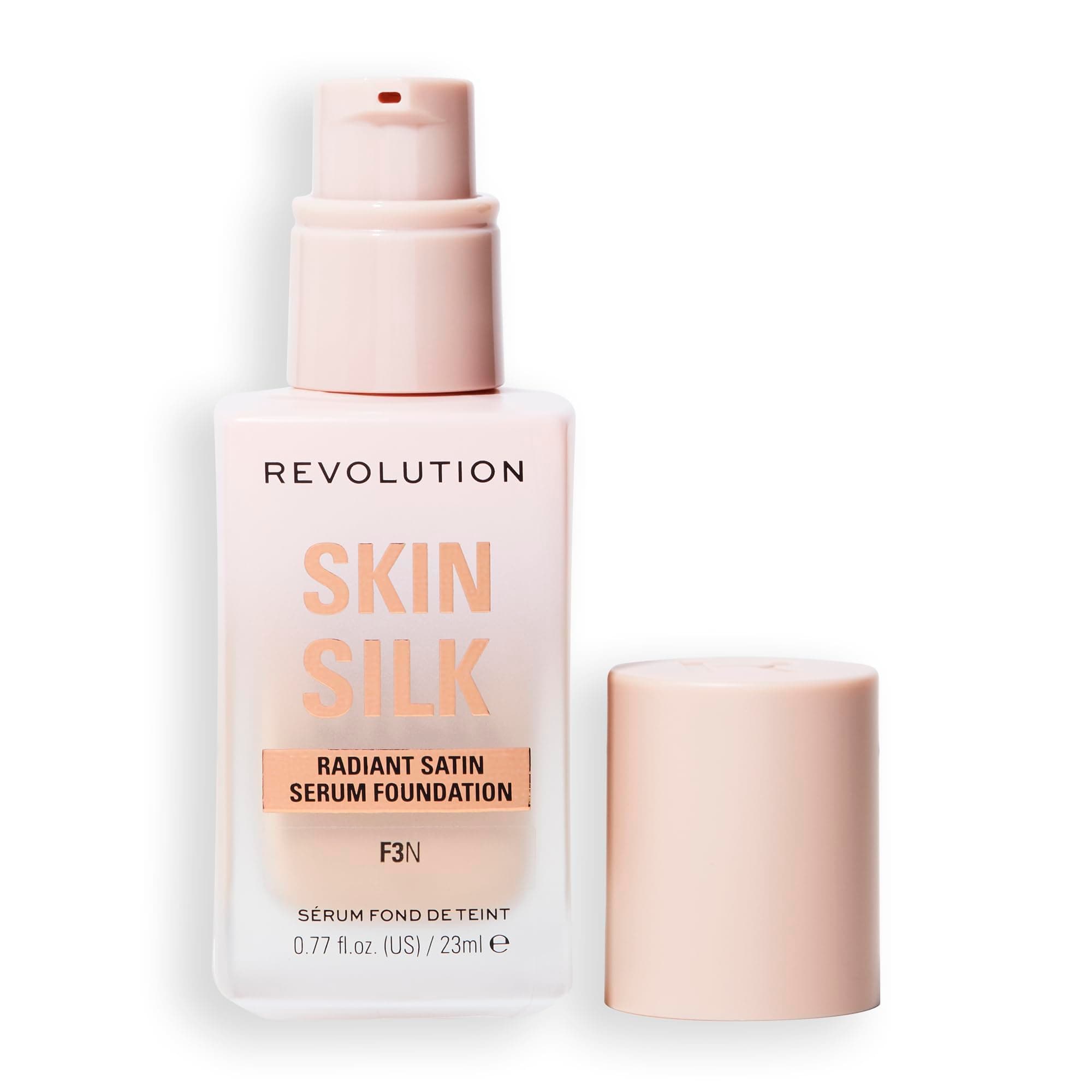 Revolution Beauty, Skin Silk Serum Foundation, Light to Medium Coverage, Lightweight & Radiant Finish, Contains Hyaluronic Acid, F3 Light Skin Tones, 0.77 Fl. Oz.