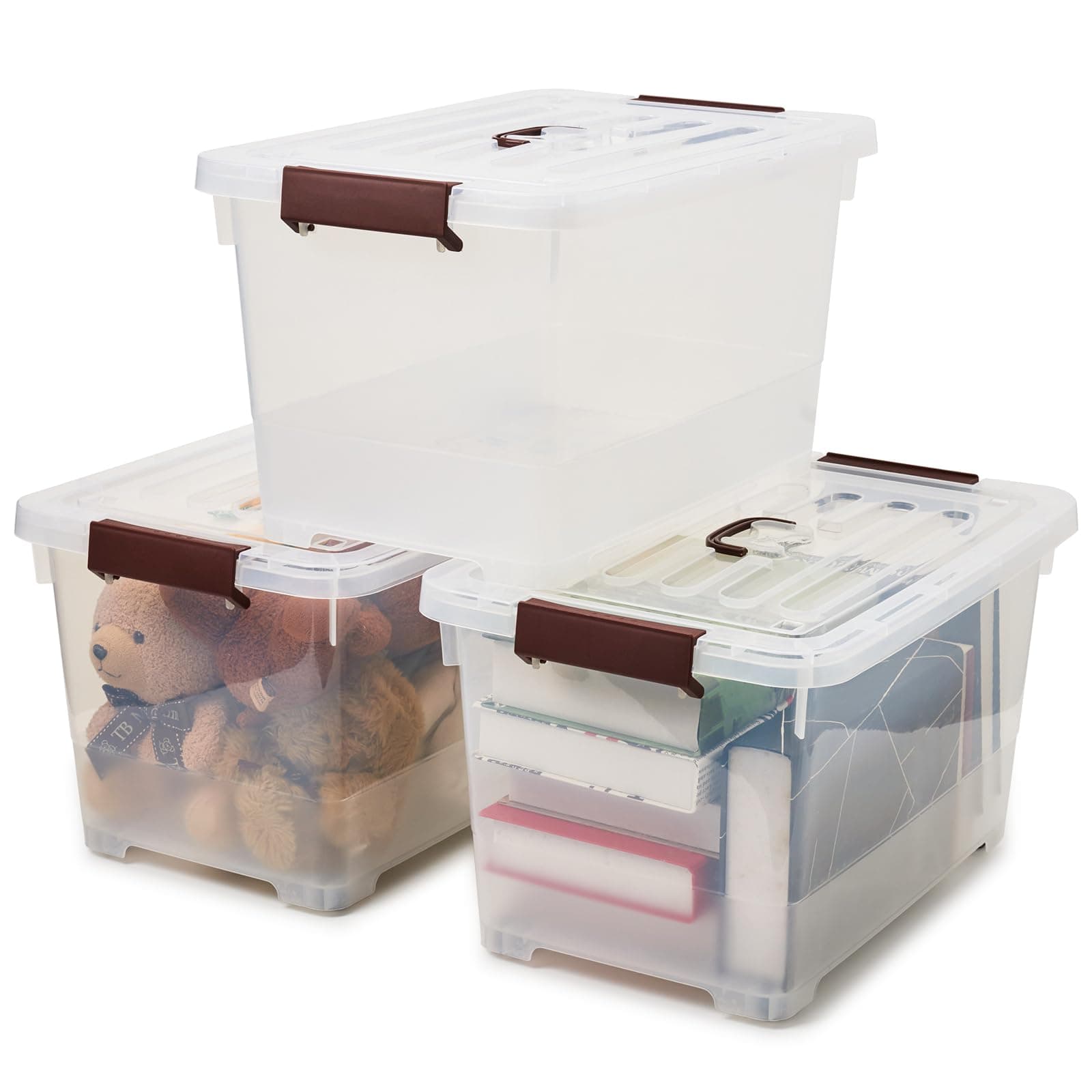 EZOWARE 32L Stackable Storage Bin Container with Latching Lid, Set of 3 Clear Plastic Tote Organiser Latch Box with Top Handle and Wheels for Home, Office, Bathroom and more 47x32x27cm