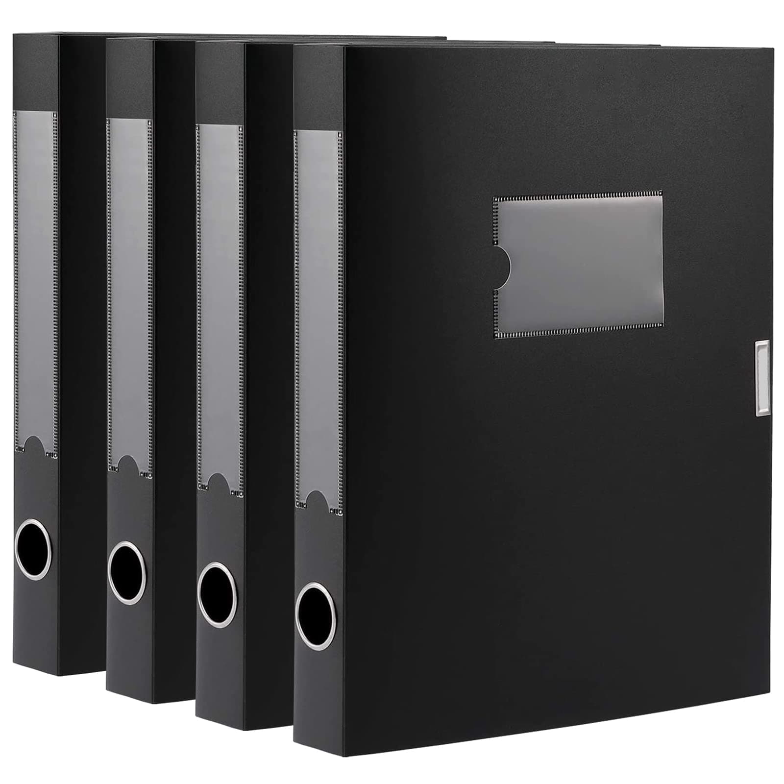 Hoiwigy Foldable A4 Document Box, Pack of 4 Plastic Archive Cases with Lid, 31×24x4 cm, File Folder Organizer Document Storage File Boxes for Office, School, Letter Size Paper (Black)