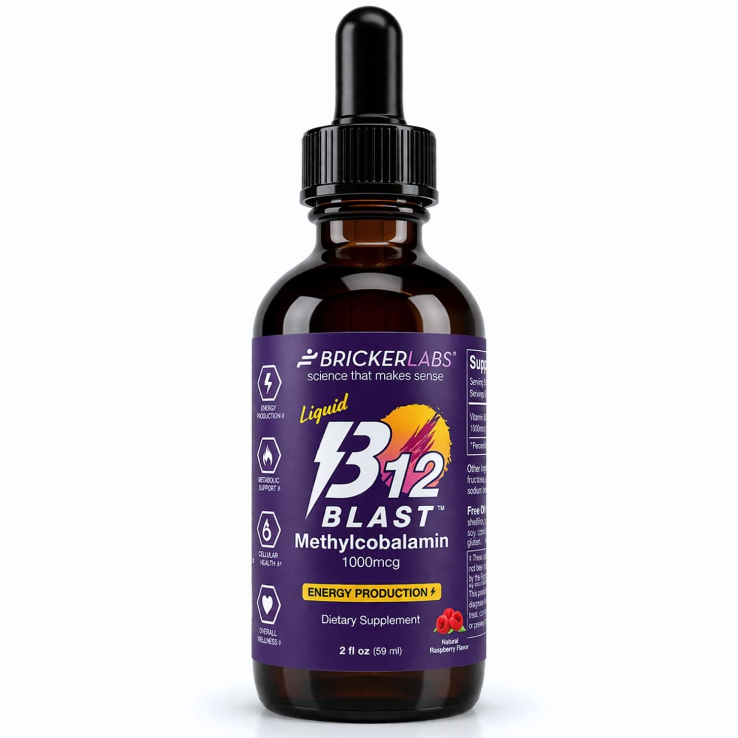 Bricker Labs B12 Blast Methylcobalamin 1000mcg, Great Tasting Sublingual Liquid Energy Vitamins -Vegan B12 Vitamins, Sustained Energy and Cellular Energy Supplement - 59-Day Servings