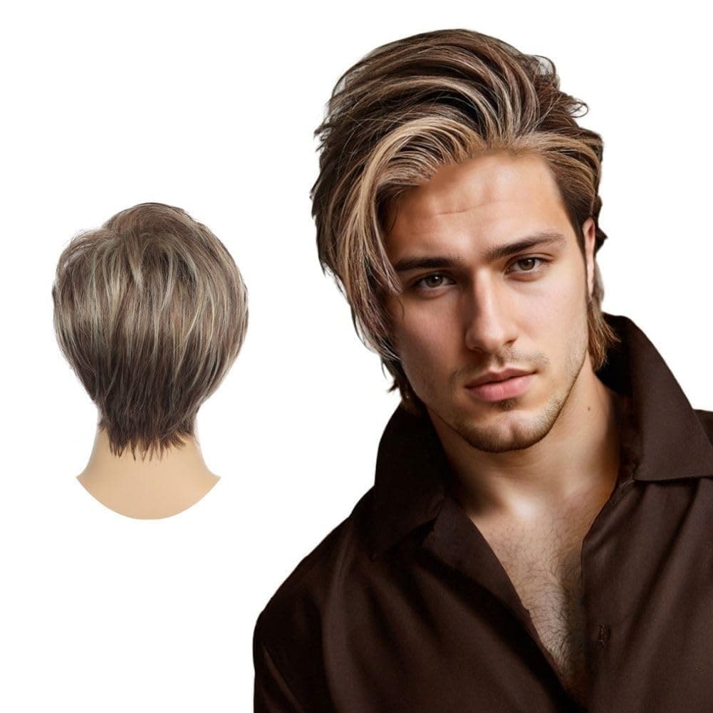 Men Wig Short Blonde Brown Layered Natural Synthetic Hair Full Wigs for Male Guy Daily Party Wear (Brown Blonde)