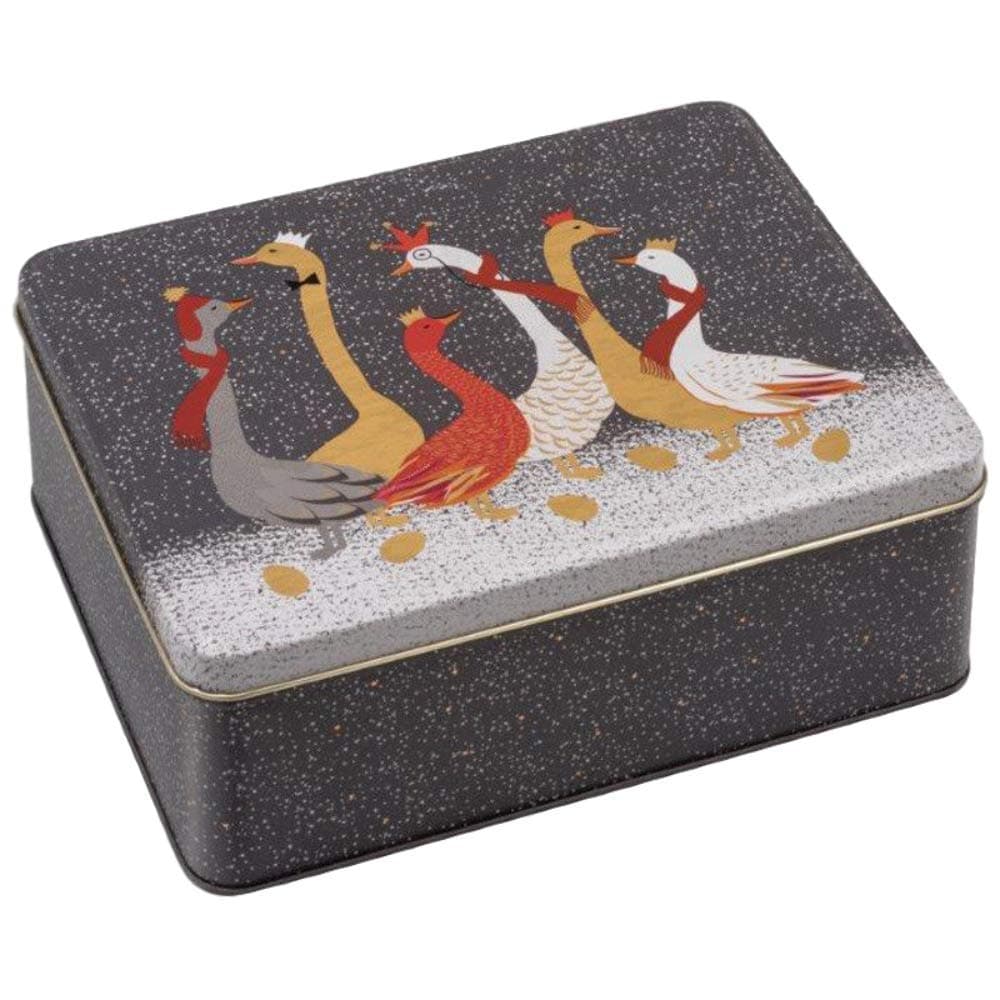 Sara Miller CHRISTMAS GEESE Deep Rectangular Storage Tin/Biscuit Cookie Kitchen Container - Midnight Grey, Copper, Red, White - 19cm