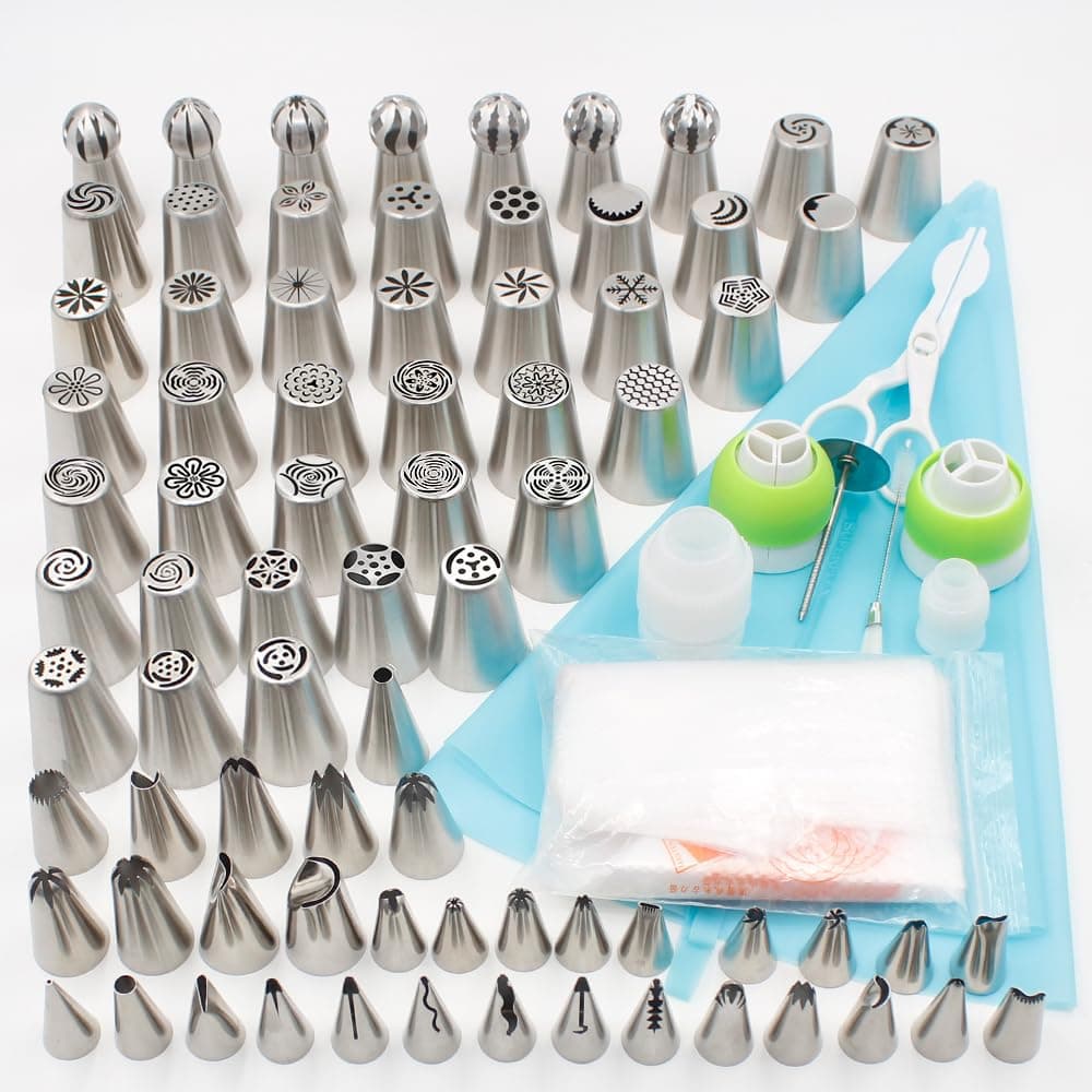 Piping Nozzles Cake Decorating Tips 116 Pcs Set -76 different Icing Nozzles 4 Couplers 2 Silicone Pastry Bags 30 Disposable Pastry Bags 1 Flower Nail Polish 1 Pastry Scissors 1 Cleaning Brush Storage