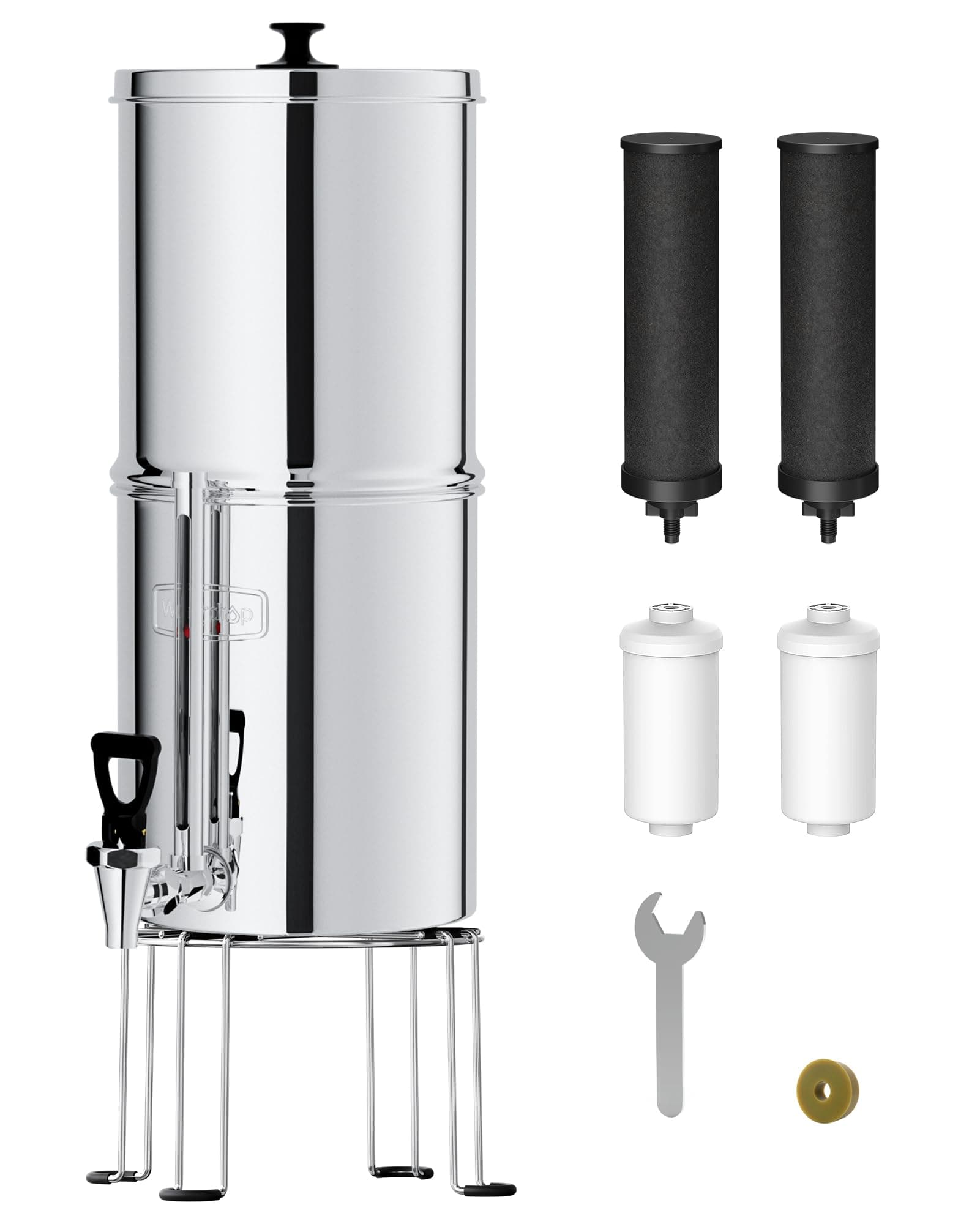 Gravity-fed Water Filter System, 2.25G Stainless-Steel System with 4 Filters, Metal Water Level Spigot and Stand, NSF/ANSI 42&372 Standard, Reduces Chlorine-King Tank for Emergencies