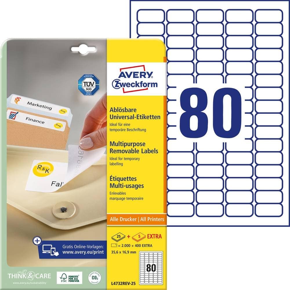 L4732REV-25 Self-Adhesive Removable Mini Labels, 80 Labels Per A4 Sheet, White, 356x169 mm