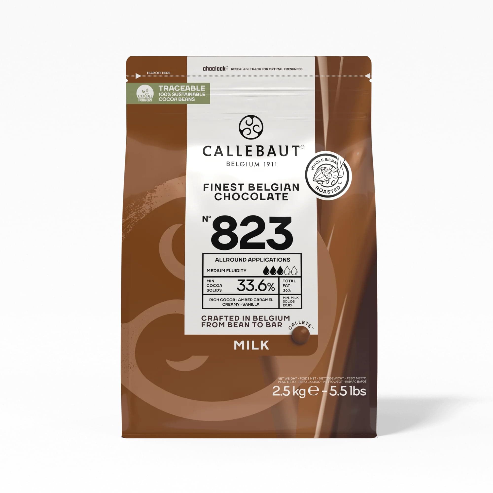 Belgian Milk Chocolate Callets for Baking (Chips) - 33.6% - 1 Bag, 5.5 Lbs