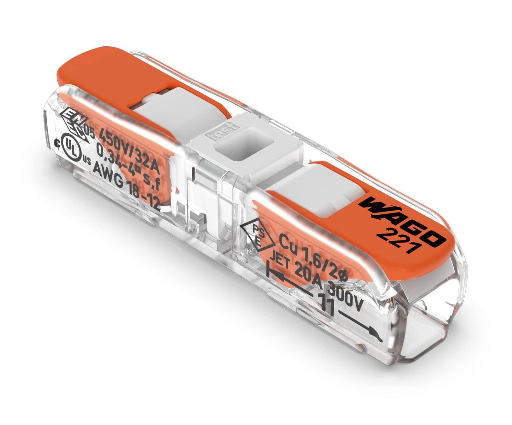 221-2401 | WAGO Lever-Nuts® Inline Splicing Connector | for Solid and Stranded Conductors | 2-Conductor with Operating levers | 24-12 AWG | Transparent housing | White Cover | [Box of 60 Pieces]