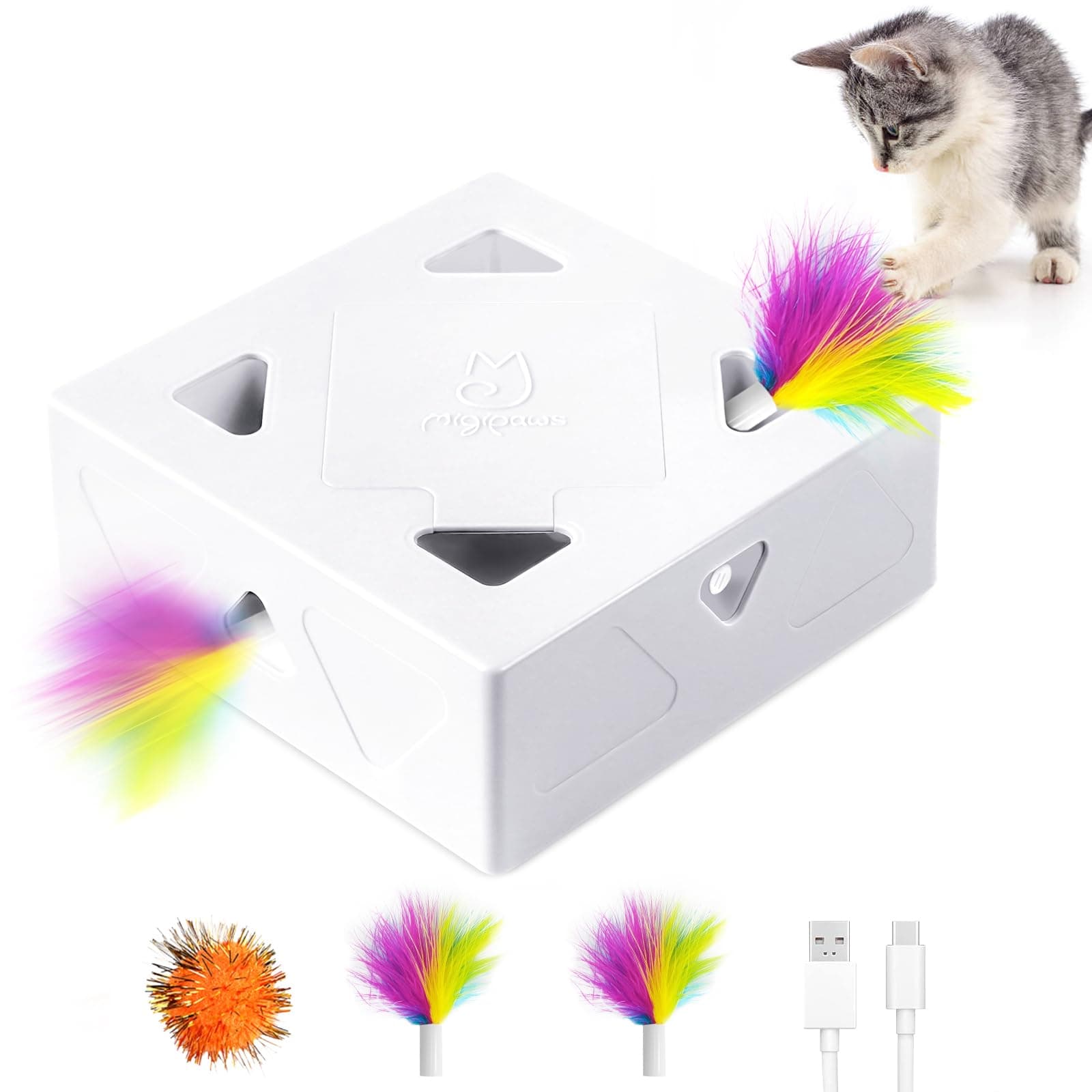 Automatic Hide & Seek Cat Toy, 7-Hole Pop-Up Feather Hunt, Type-C Rechargeable Smart Toy for Bored Indoor Cats