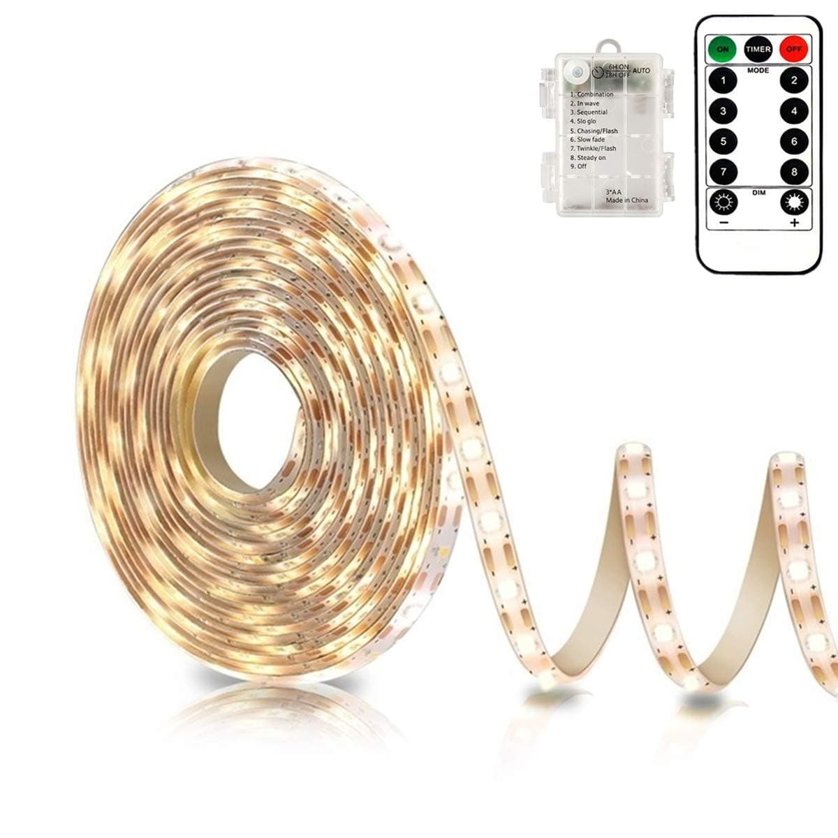 Battery Powered Led Strip Lights with Remote Warm White, 8 Modes, Dimmable, Timer, Self-Adhesive, Cuttable, Waterproof, 9.8FT 90Led Strip Lights for TV Kitchen Cupboard Bedroom Decor
