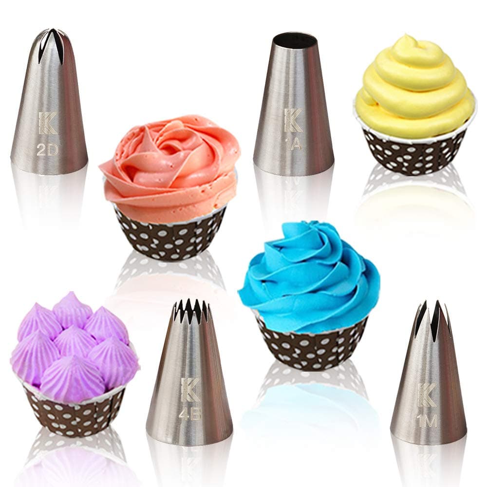 Kalane Piping Tips Large Cake Decorating Tools, Cake Piping Nozzle Tips Kit, Stainless Steel Icing Piping Nozzle Set for baking, Cake Cupcake Cookie Decorating, Flower Stars Shells Swirls nozzles box