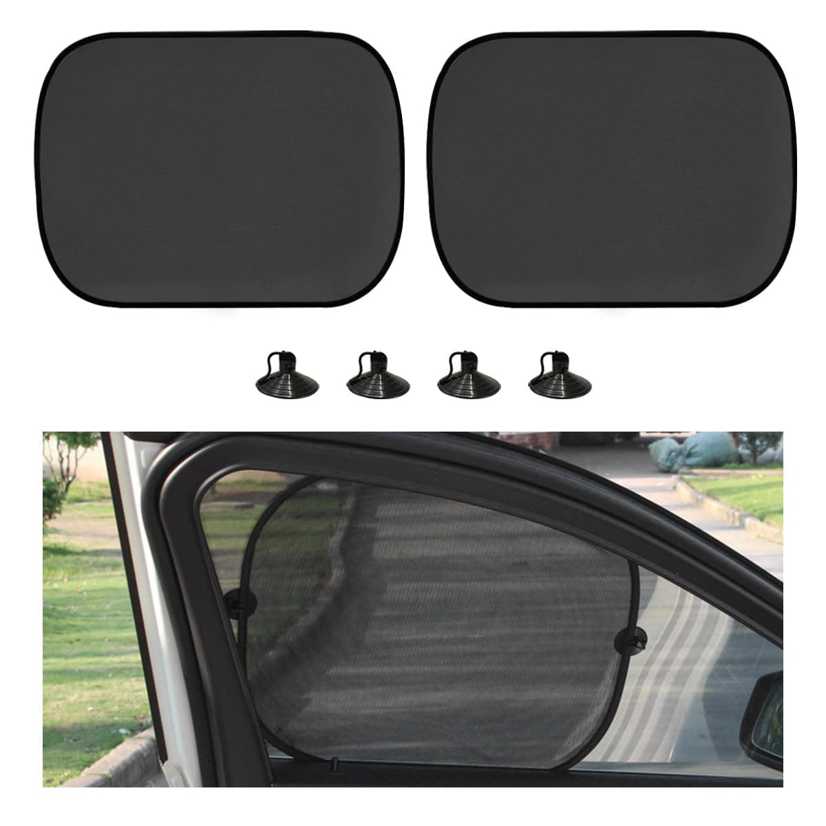 2 PCS Car Window Shade, 14"×17" Rear Side Window Sunshade Protector with Suction Cups, Foldable Sunlight Shield Blocks Sun, Glare and UV Rays, Universal Car Accessories