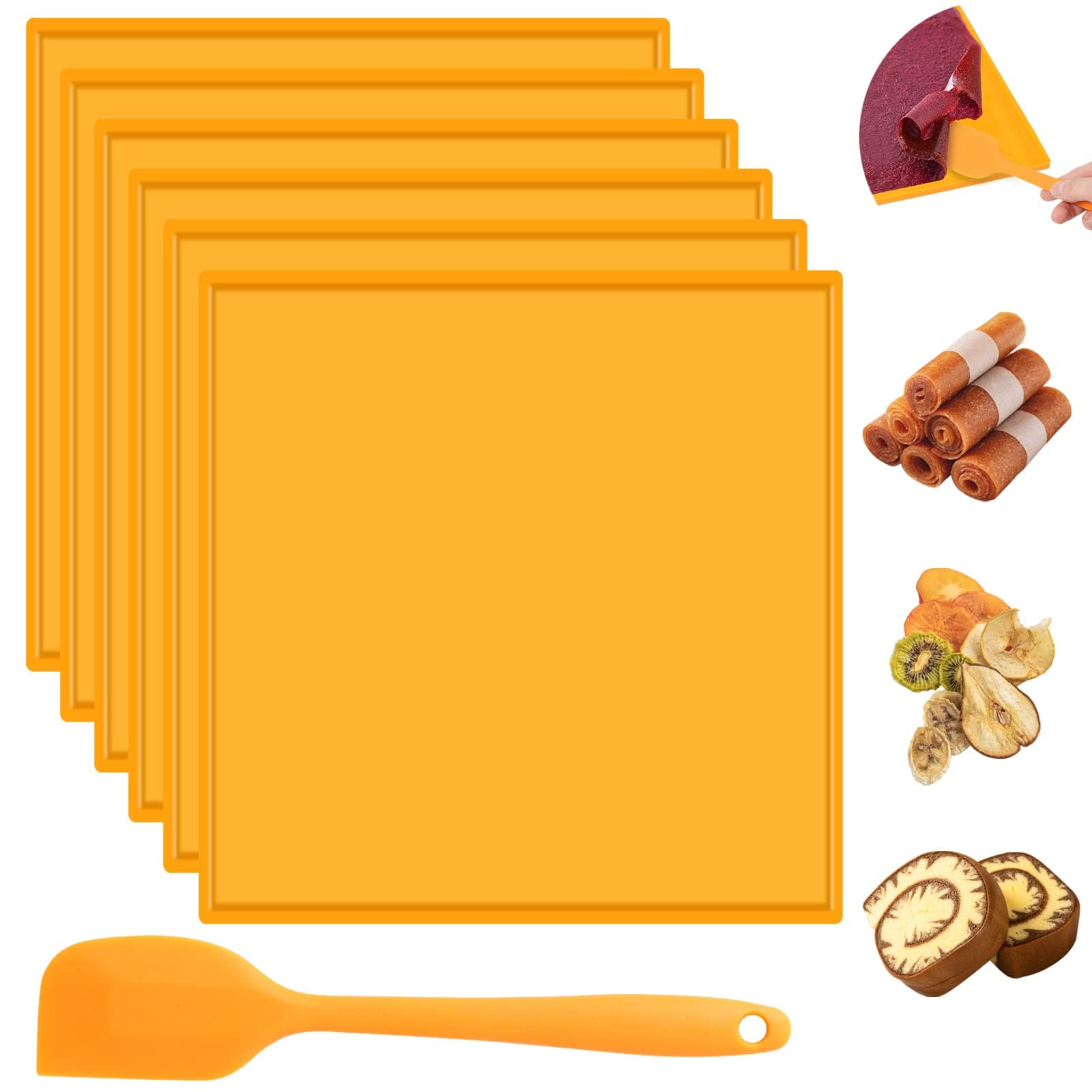 6 Pcs Silicone Dehydrator Sheets for 14" x 14" Trays,Avkast Fruit Leather Trays with Edge Compatible with Excalibur,Non-stick Square Dehydrator Trays for Liquid Meat Vegetables with Spatula - Orange