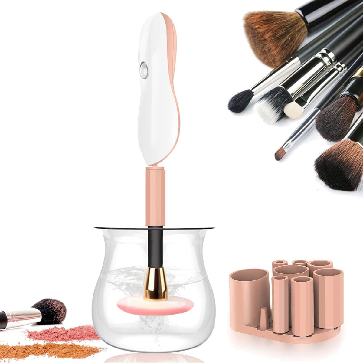 Makeup Brush Cleaner – Rantizon Automatic Cosmetic Brushes Cleaning Machine with 360 Degree Rotation, Professional Makeup Brush Cleaning Tool, Cleans and Dries with 8 Rubbers