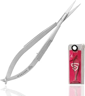 SILLVER Cuticle Nail Scissors Extra Fine Straight Eyebrow Scissors, Spring Action Embroidery Sewing Grooming Scissors for Beard, Eyelash, Mustache, Dry Skin, Manicure