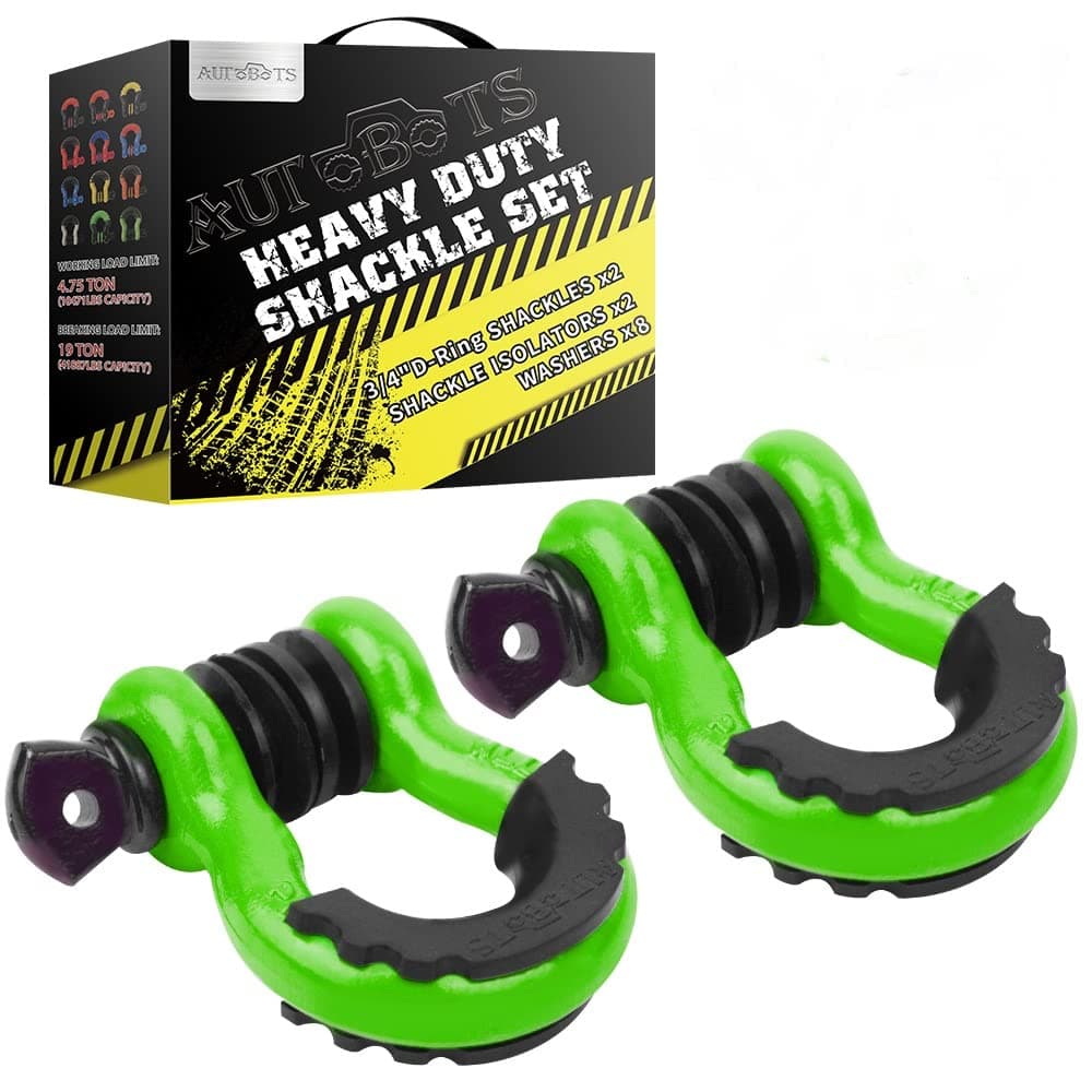 AUTOBOTS Shackles 3/4" (2 Pack), D Ring Shackle 45,000Ib Max Break Strength with 7/8" Pin & Isolator Washers Heavy Duty Clevis Tow Shackle for Tow Strap Jeep Vehicle Off Road Recovery Green-Black
