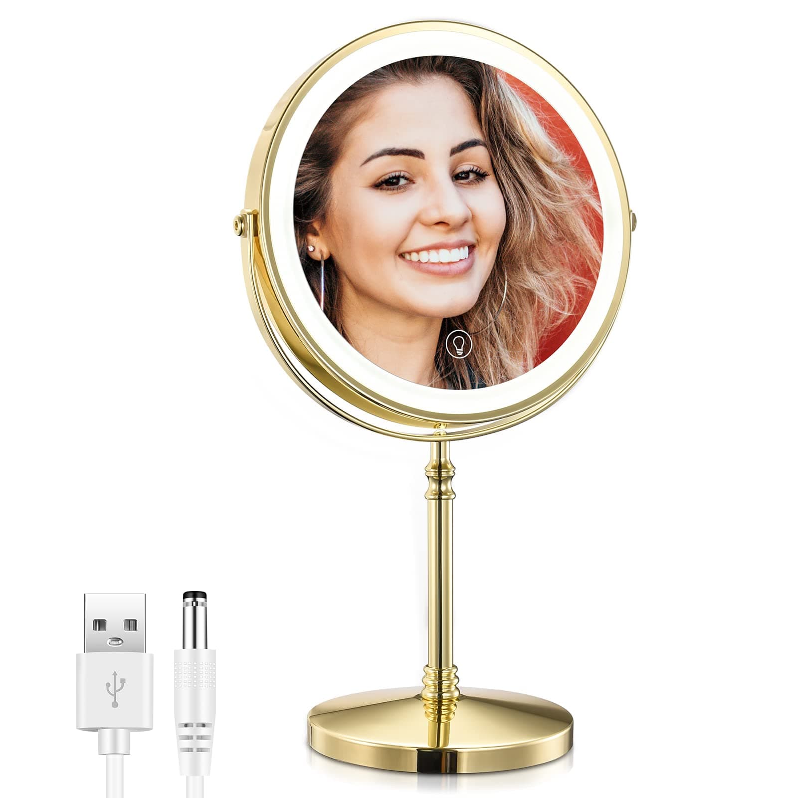 Rechargeable 8'' Lighted Makeup Mirror, 1X 10X Magnifying Vanity Mirror with 3 Color LED Lights, Touch Sensor Adjust Brightness Double-Sided Cosmetic Mirror, Gold Finish