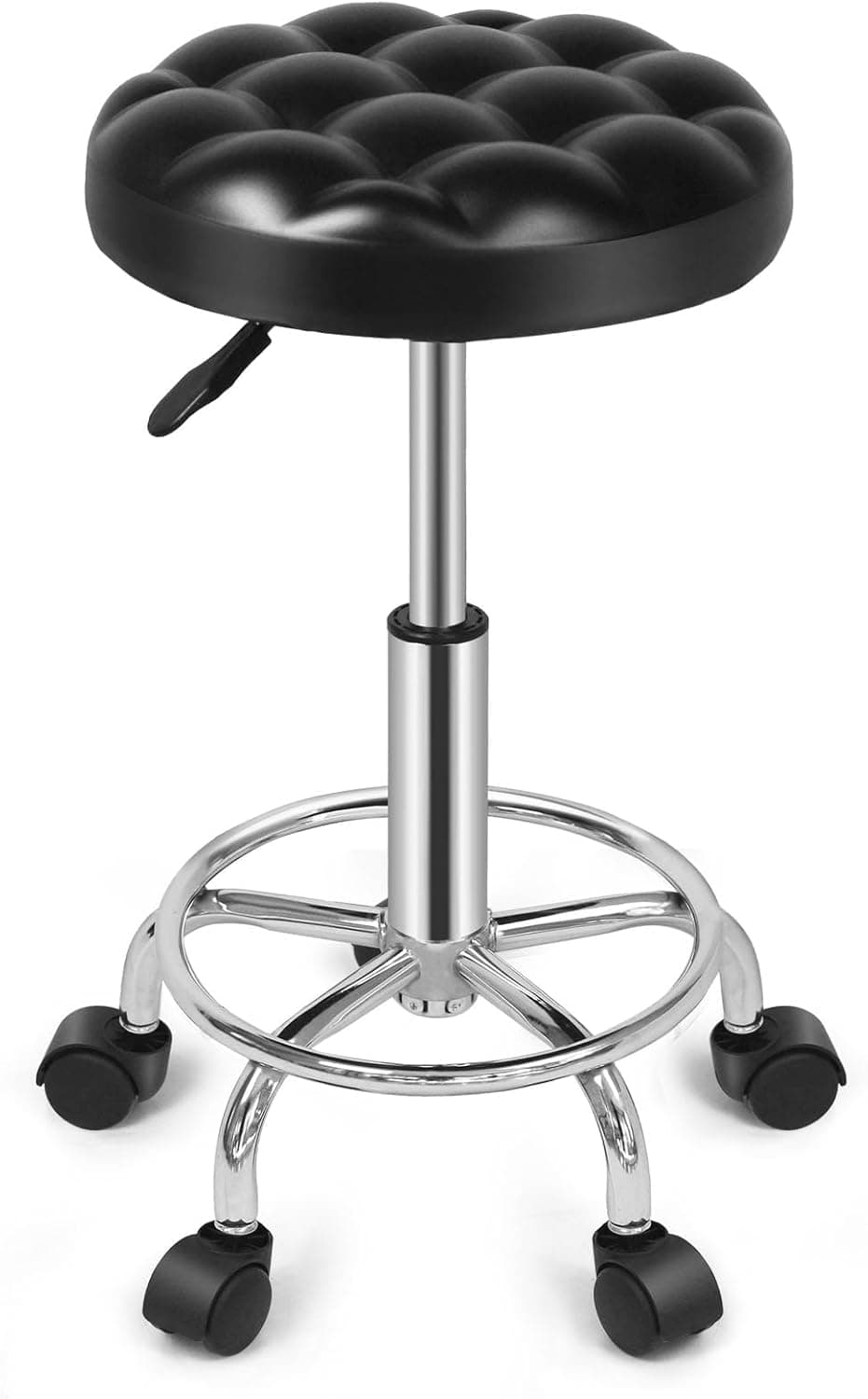 SKY-TOUCH Round Rolling Stool: Vanity Chair with PU Leather Height Adjustable 360° Swivel Stool with Wheels for Office Home Drafting Work Studio Shop SPA Salon