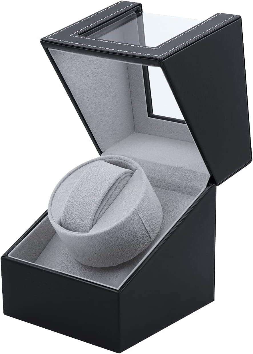 Mcbazel Automatic Watch Winder Box PU Leather, Quiet Motor with Plug, Display and Storage Case for Automatic Watches, Black PU Leather, Modern