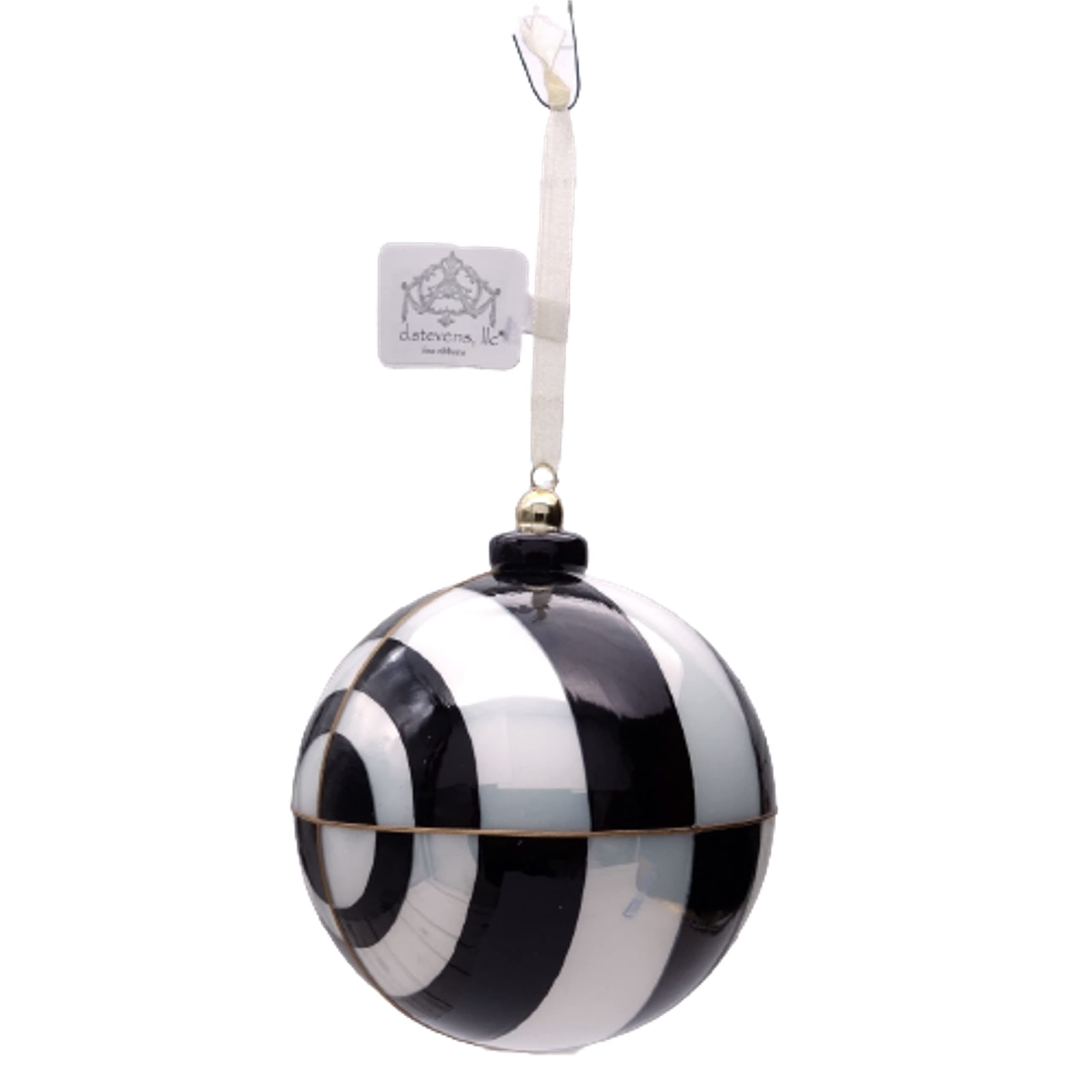 D. Stevens 48-1090 Hand-Blown Bauble Porcelain Optical Circles Round Hanging Ornament, Black and White 6 Inches
