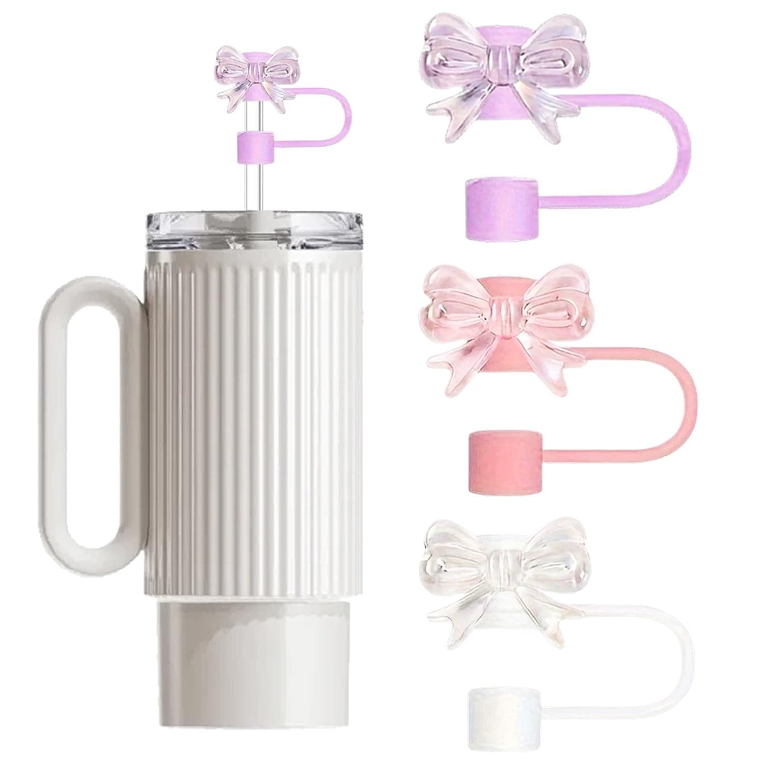 3 Pcs Bow Straw Topper Compatible with Stanley 30&40 oz Tumbler Cups, Reusable 10mm Straw Toppers for Stanley Cups Straw Accessories (White/Pink/Purple)