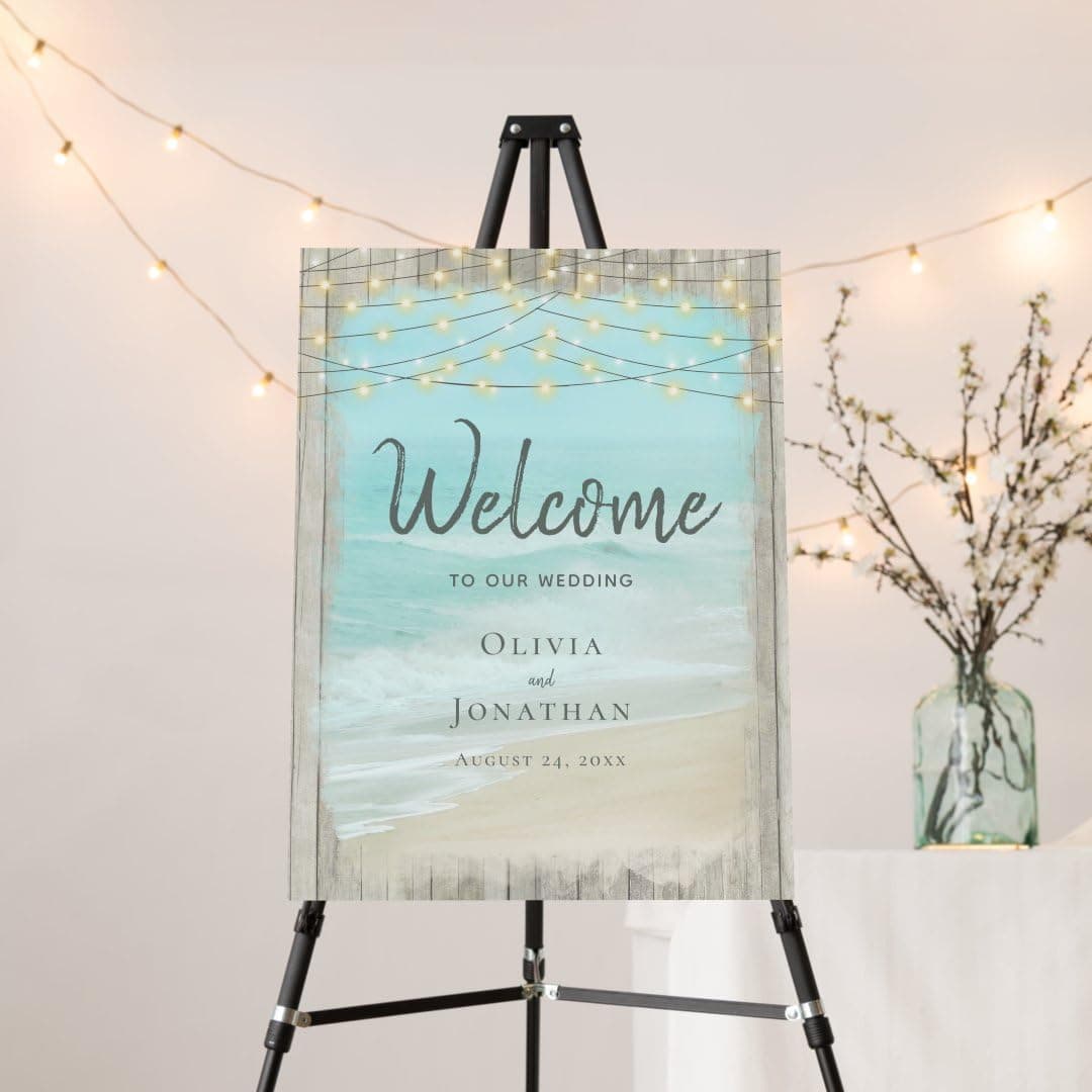 Rustic Beach Wood String Lights Wedding Sign, Personalized Beach Theme Wedding Party Sign, Editable Ocean Beach Summer Welcome Poster, Blue Ocean Party Decoration, Printable Welcome Sign Board