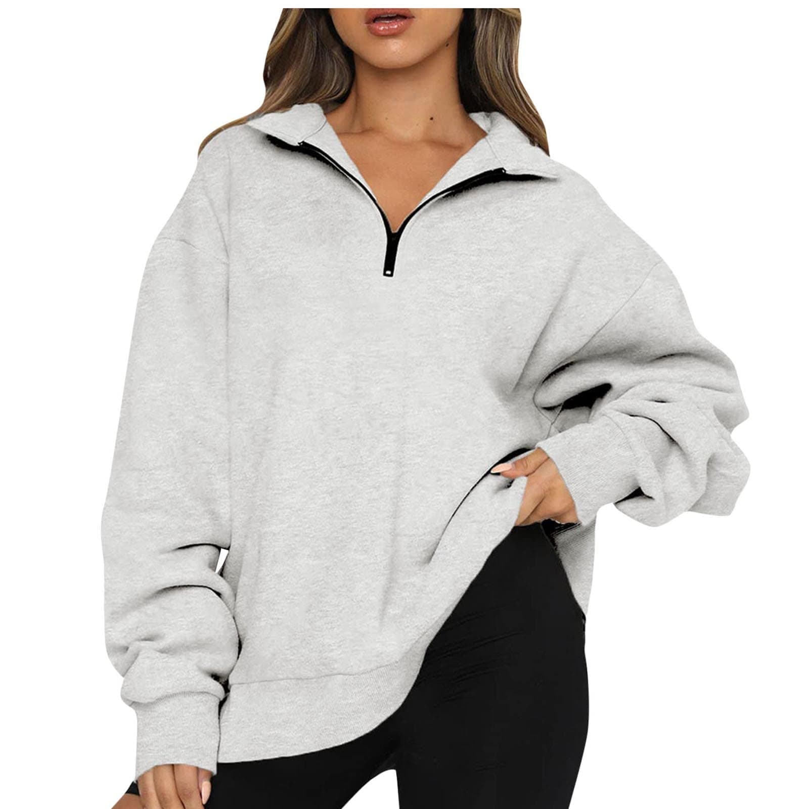 OggfaderOversized Sweatshirt for Women Y2K Collared Neck Zip Up Pullover Long Sleeve Solid Casual Fall Clothes Fall Fashion