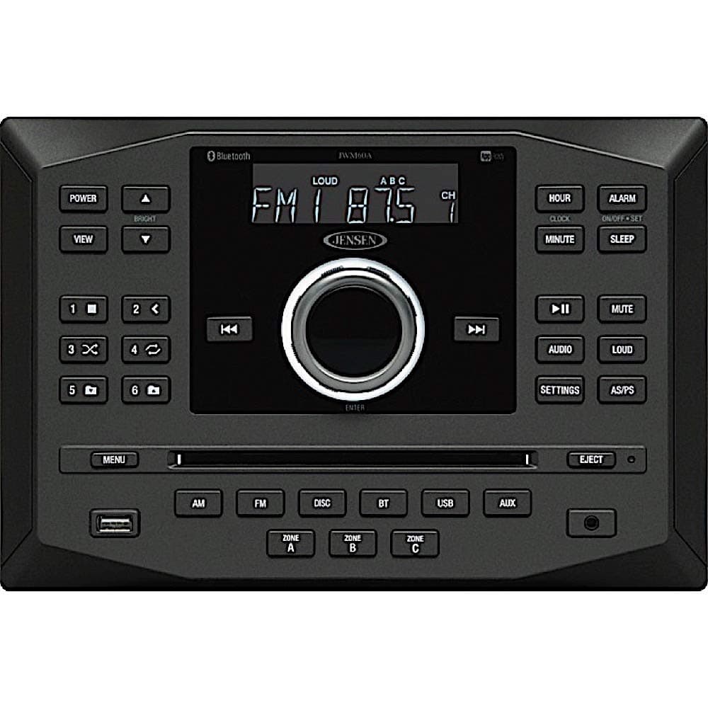 Jensen JWM62A AM|FM|DVD|CD|USB|AUX|App Ready Bluetooth Wallmount Stereo with App Control, Plays: CD, CD-R, CD-RW, DVD, DVD+RW, DVD-RW, MP3, DVD-Video, MPEG-4, VCD, JPEG, CD-DA, MP3, WMA, Dolby