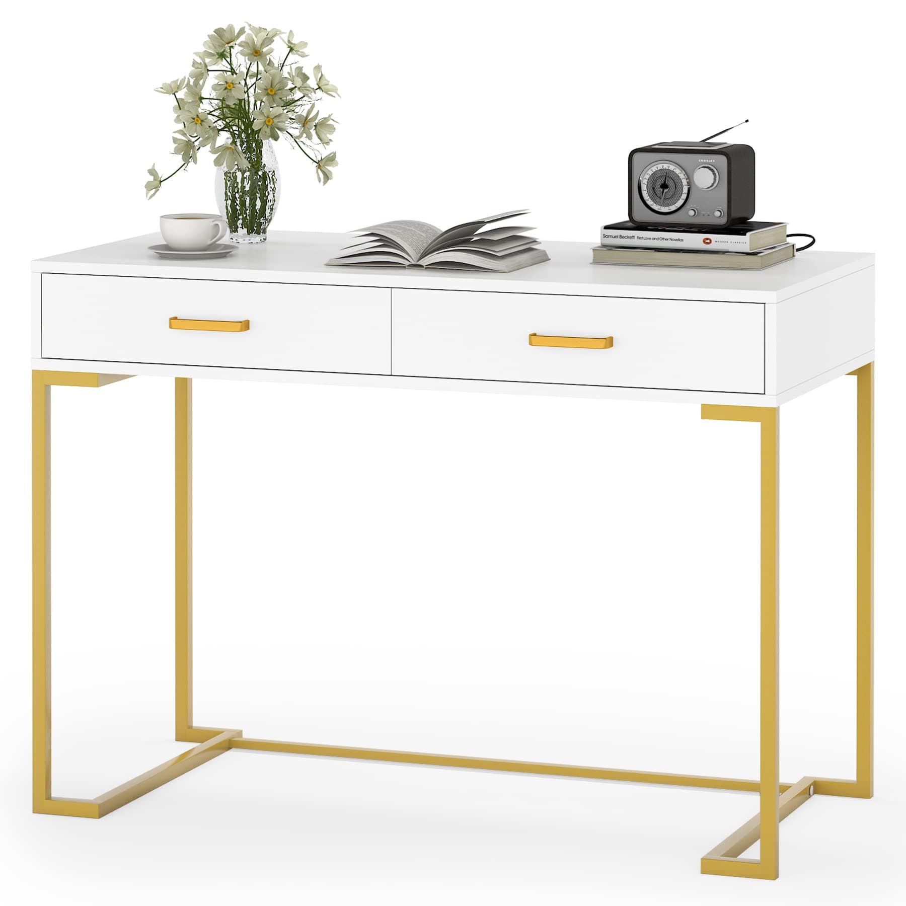 Tribesigns Computer Desk with Drawers, 39.37” Modern Small White and Gold Computer Desk with Storage, Makeup Vanity Console Table, Study Table for Home